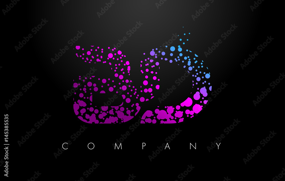 BD B D Letter Logo with Purple Particles and Bubble Dots