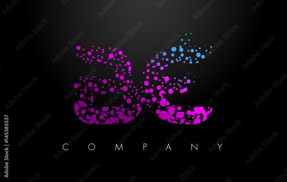 BE B E Letter Logo with Purple Particles and Bubble Dots