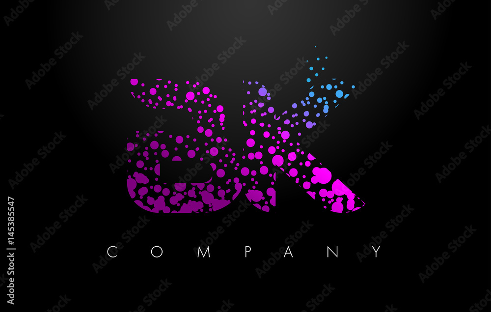 BK B K Letter Logo with Purple Particles and Bubble Dots