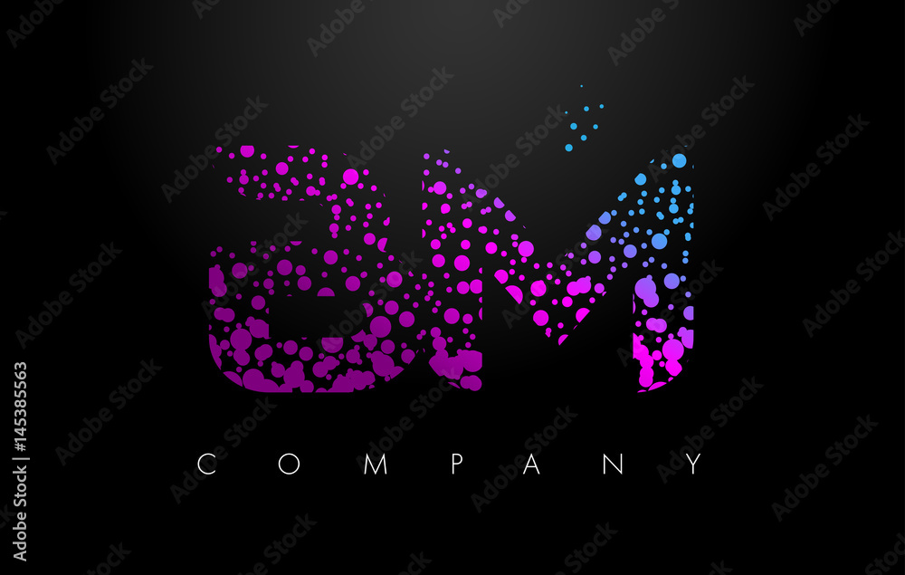 BM B M Letter Logo with Purple Particles and Bubble Dots