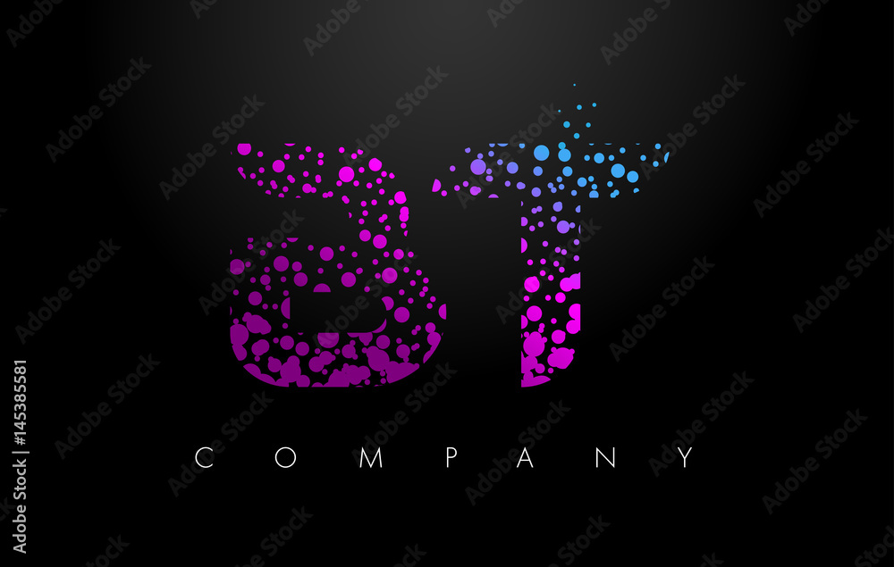 BT B T Letter Logo with Purple Particles and Bubble Dots