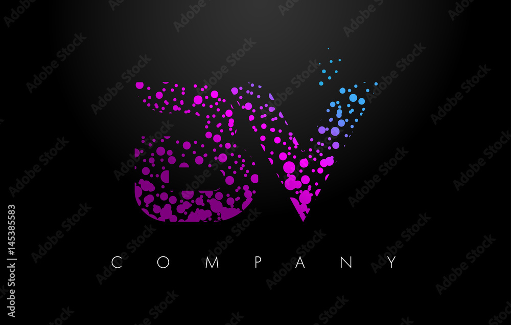 BV B V Letter Logo with Purple Particles and Bubble Dots