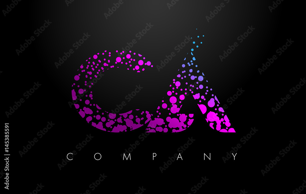 CA C A Letter Logo with Purple Particles and Bubble Dots CA C A Letter Logo with Purple Particles and Bubble Dots