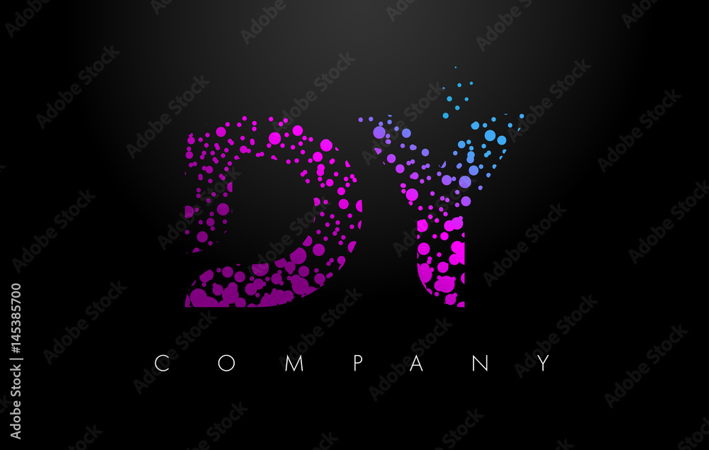 DY D Y Letter Logo with Purple Particles and Bubble Dots