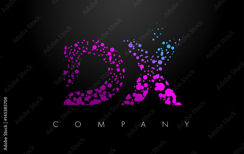 DX D X Letter Logo with Purple Particles and Bubble Dots