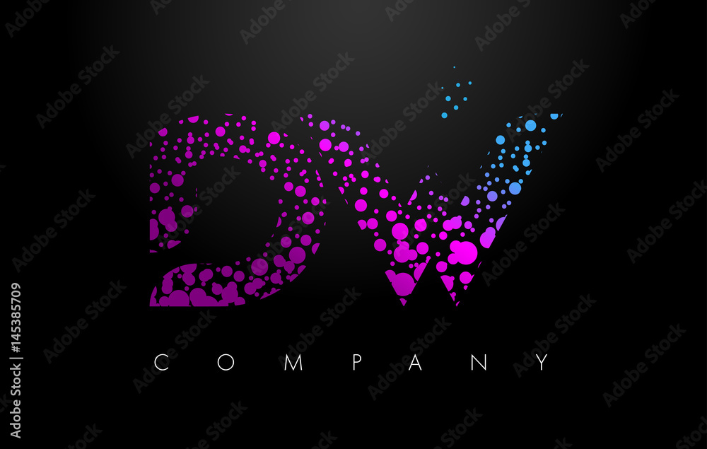 DW D W Letter Logo with Purple Particles and Bubble Dots DW D W Letter Logo with Purple Particles and Bubble Dots