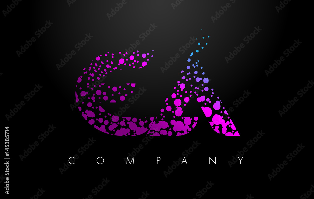 EA E A Letter Logo with Purple Particles and Bubble Dots