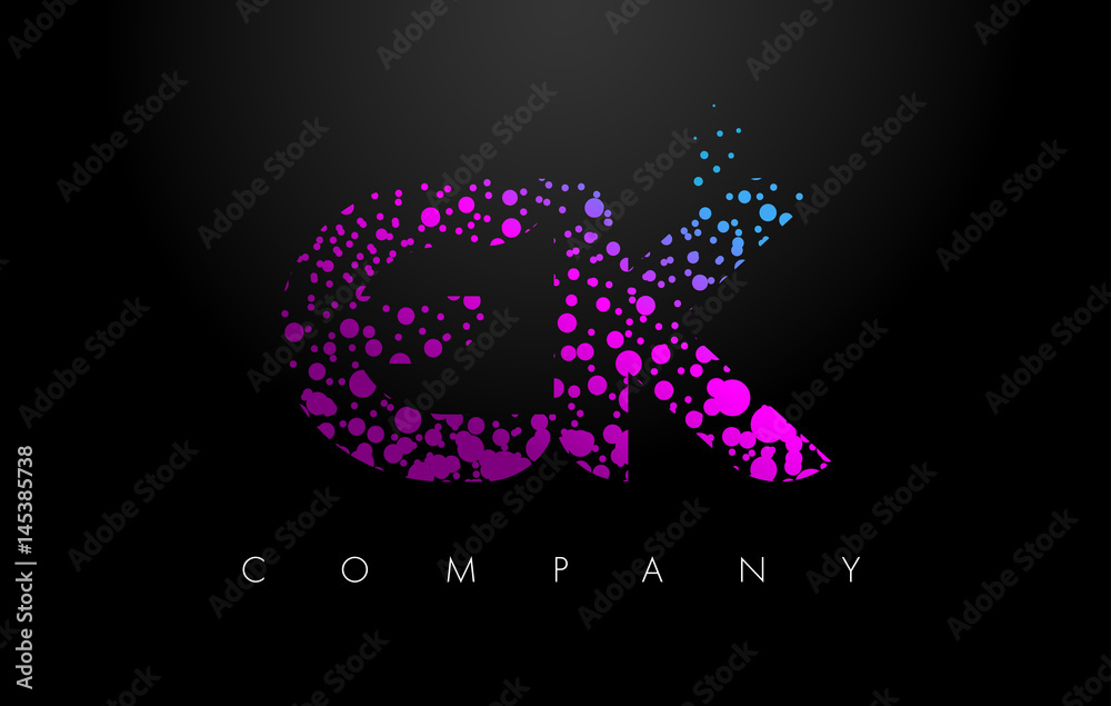 EK E K Letter Logo with Purple Particles and Bubble Dots