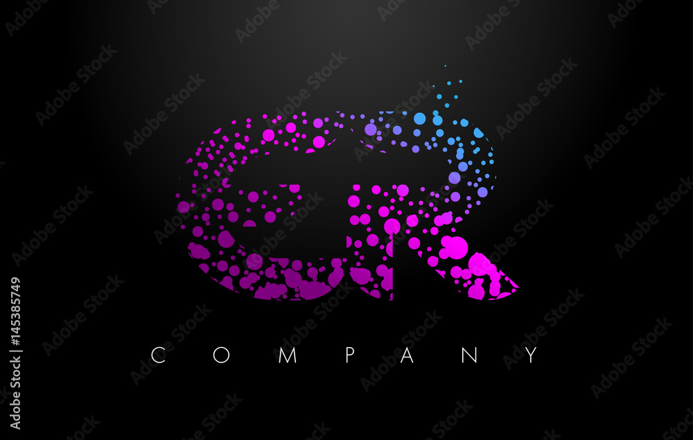 ER E R Letter Logo with Purple Particles and Bubble Dots