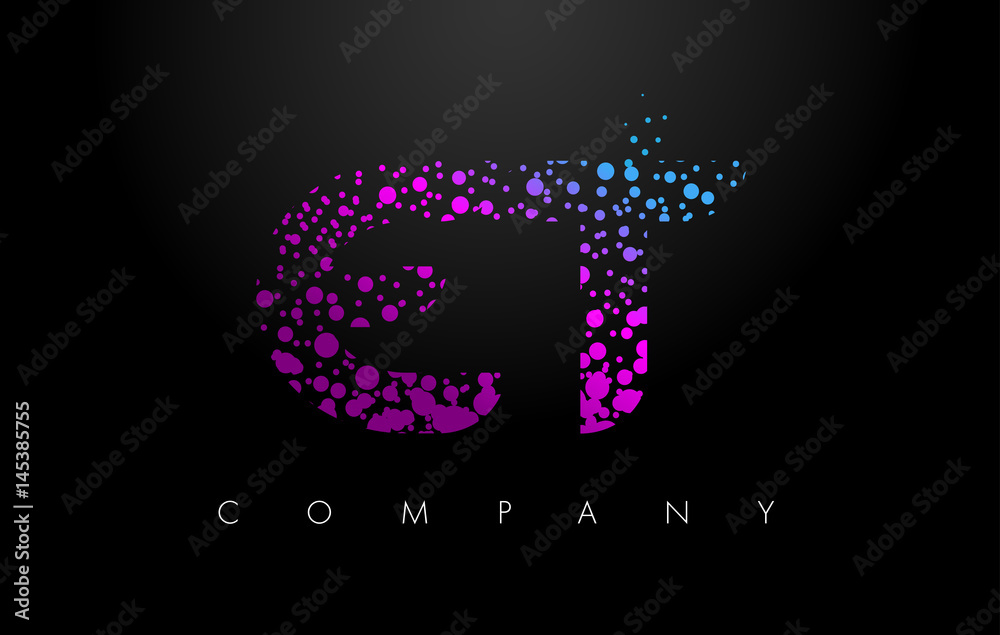 ET E T Letter Logo with Purple Particles and Bubble Dots