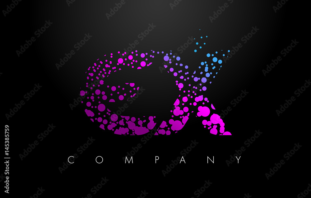 EX E X Letter Logo with Purple Particles and Bubble Dots