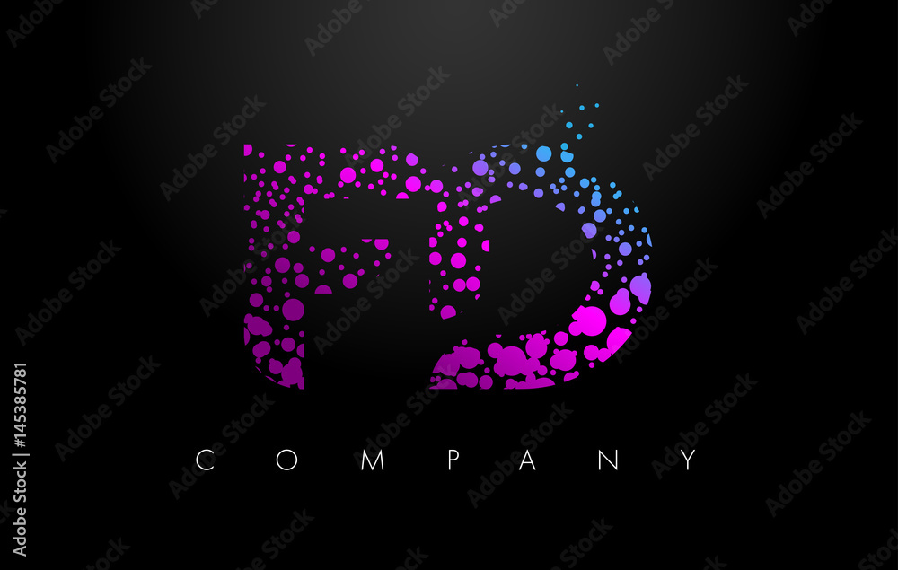 FD F D Letter Logo with Purple Particles and Bubble Dots