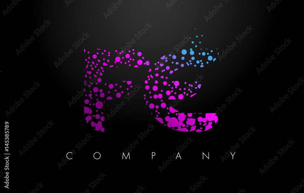 FE F E Letter Logo with Purple Particles and Bubble Dots