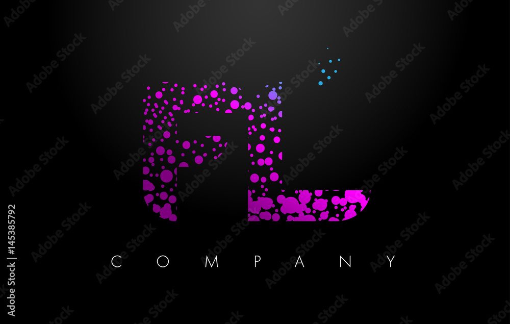 FL F L Letter Logo with Purple Particles and Bubble Dots