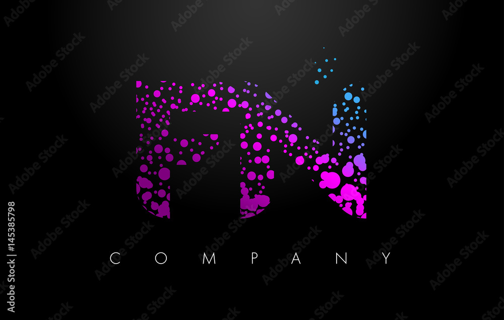 FN F N Letter Logo with Purple Particles and Bubble Dots
