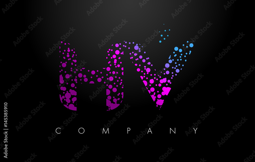 HV H V Letter Logo with Purple Particles and Bubble Dots