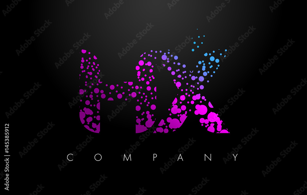 HX H X Letter Logo with Purple Particles and Bubble Dots