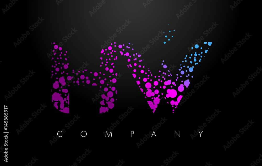 HW H W Letter Logo with Purple Particles and Bubble Dots