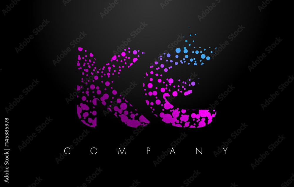 KE K E Letter Logo with Purple Particles and Bubble Dots