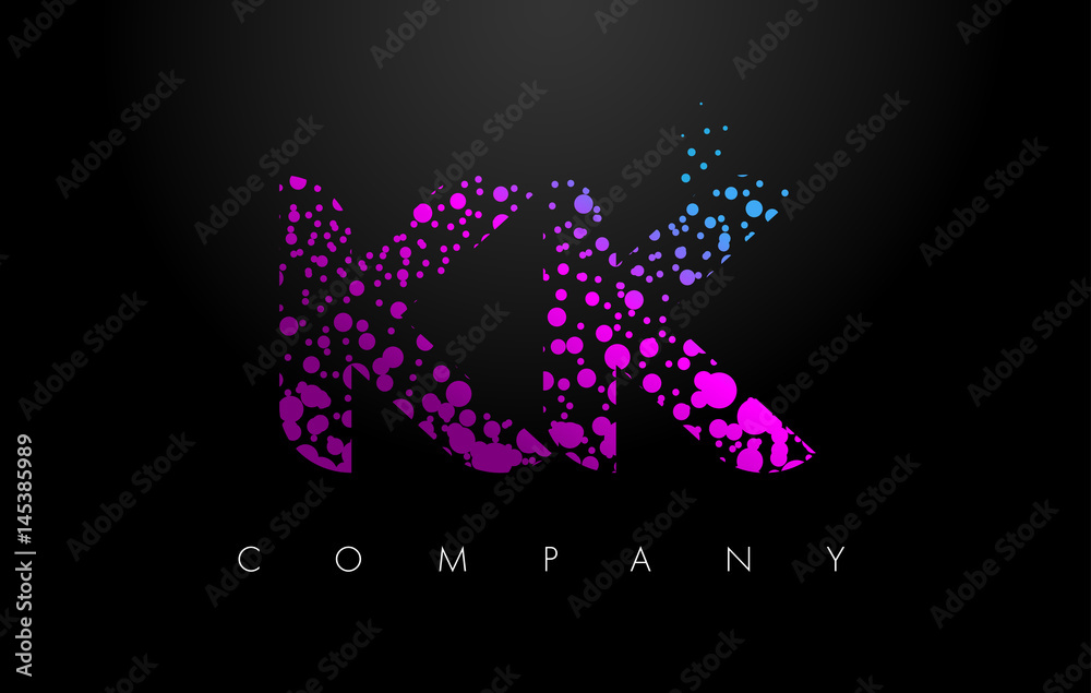 KK K K Letter Logo with Purple Particles and Bubble Dots