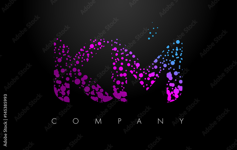 KM K M Letter Logo with Purple Particles and Bubble Dots KM K M Letter Logo with Purple Particles and Bubble Dots