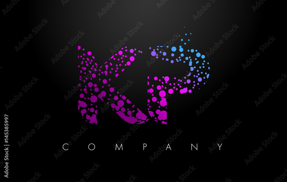 KP K P Letter Logo with Purple Particles and Bubble Dots
