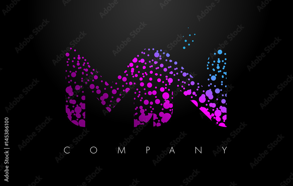 MN M N Letter Logo with Purple Particles and Bubble Dots