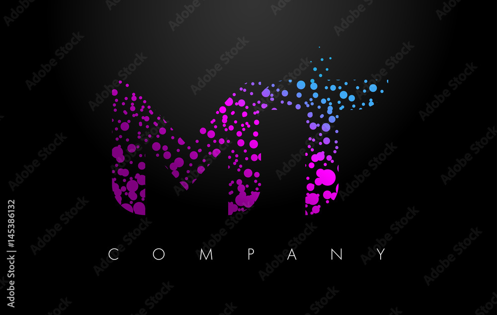 MT M T Letter Logo with Purple Particles and Bubble Dots