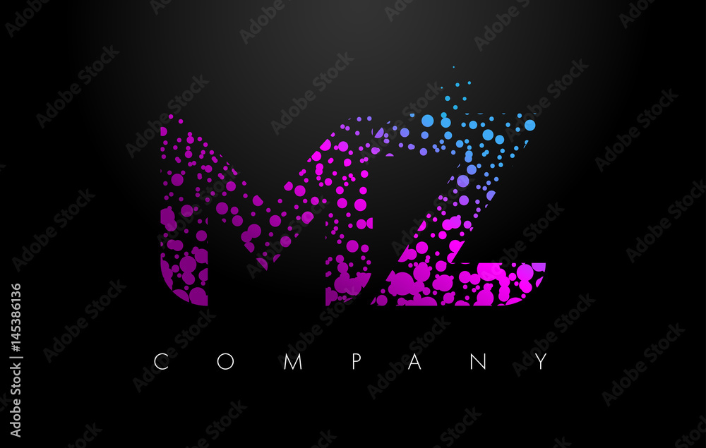 MZ M Z Letter Logo with Purple Particles and Bubble Dots MZ M Z Letter Logo with Purple Particles and Bubble Dots