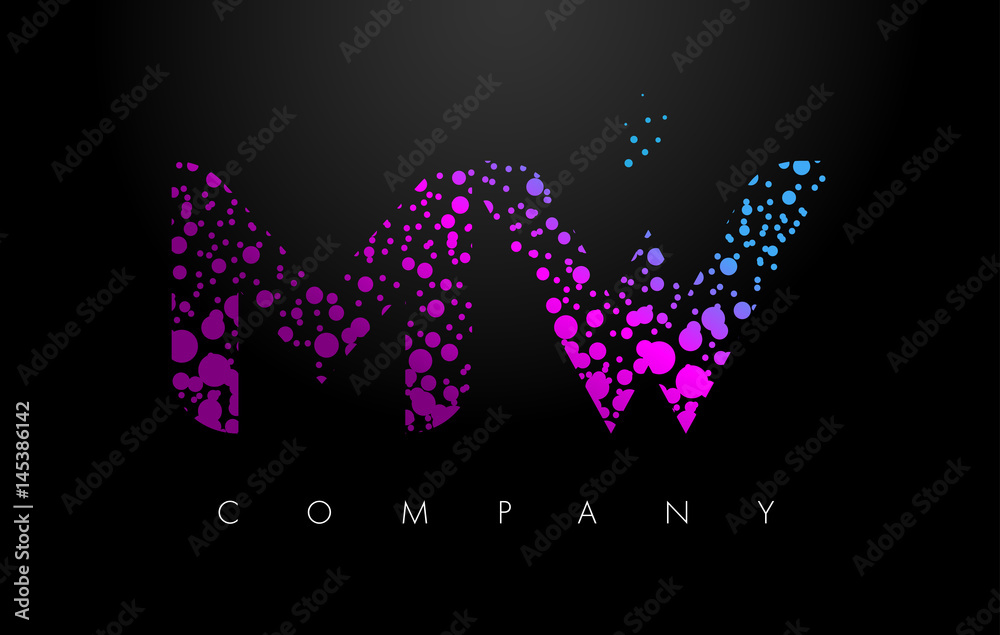 MW M W Letter Logo with Purple Particles and Bubble Dots