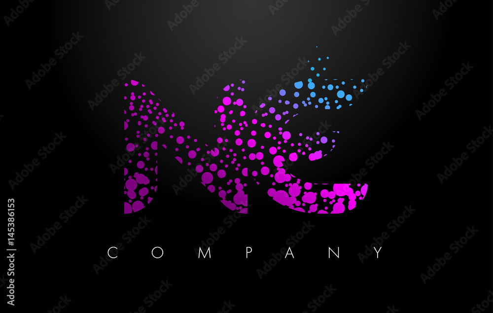 NE N E Letter Logo with Purple Particles and Bubble Dots