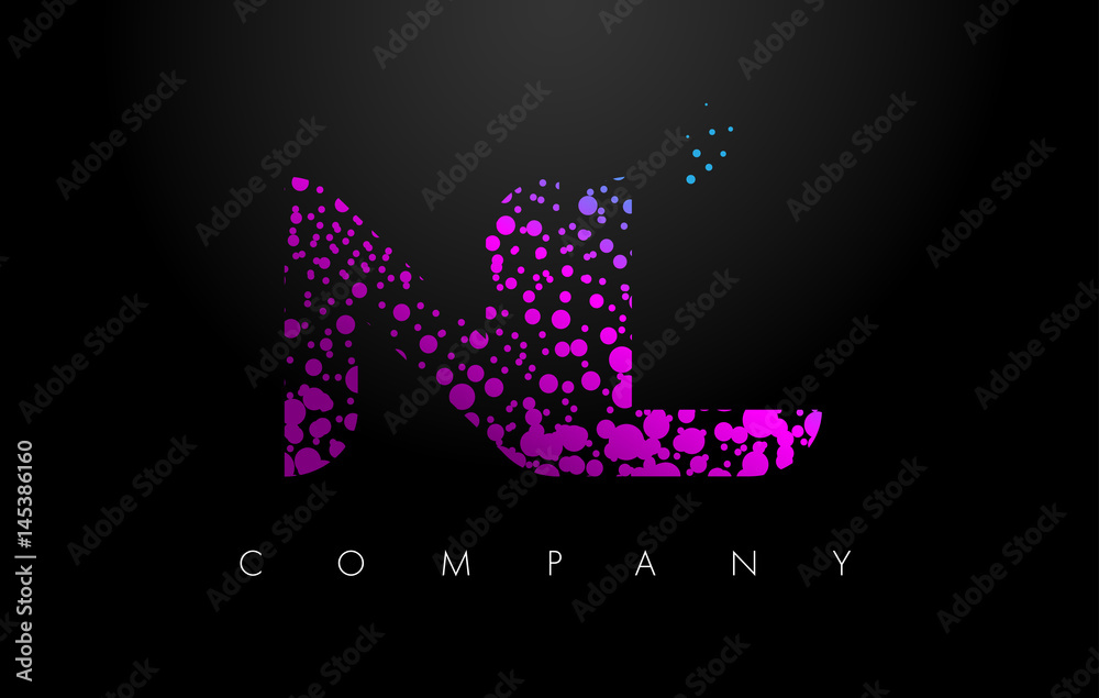 NL N L Letter Logo with Purple Particles and Bubble Dots