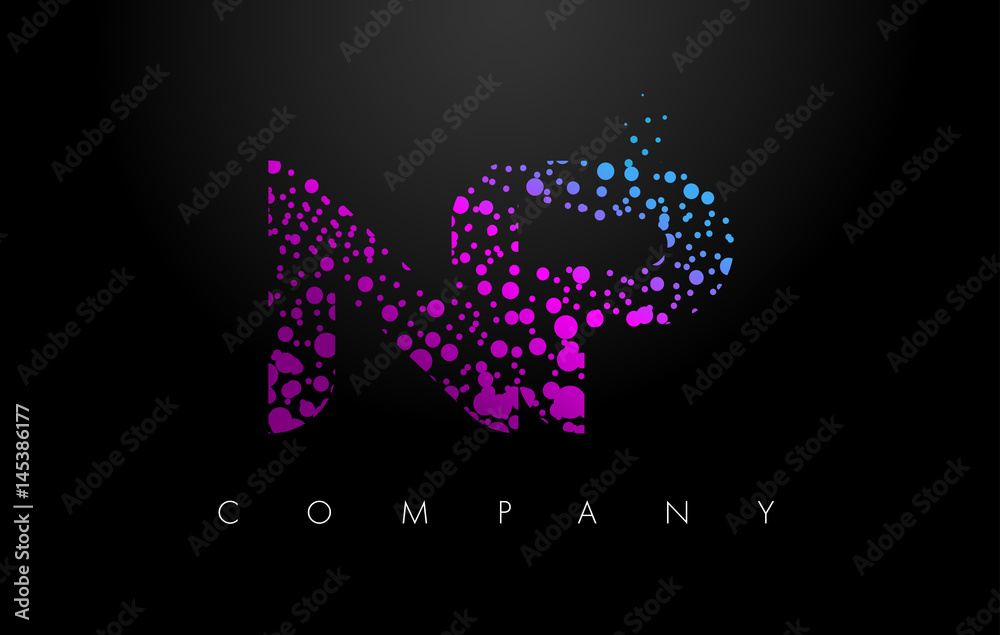 NP N P Letter Logo with Purple Particles and Bubble Dots