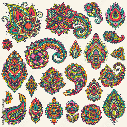 Big vector set of colorful henna floral elements