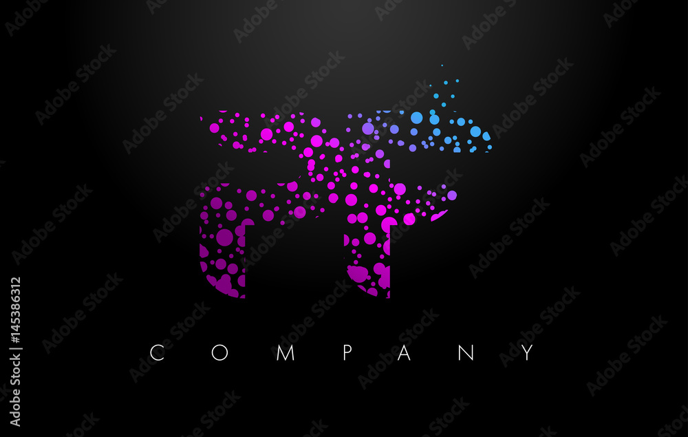 PF P F Letter Logo with Purple Particles and Bubble Dots
