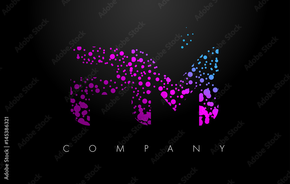 PM P L Letter Logo with Purple Particles and Bubble Dots
