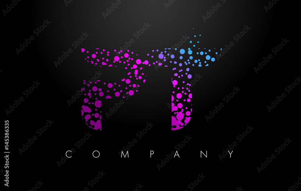 PT P T Letter Logo with Purple Particles and Bubble Dots