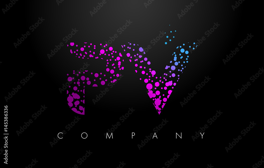 PV P V Letter Logo with Purple Particles and Bubble Dots