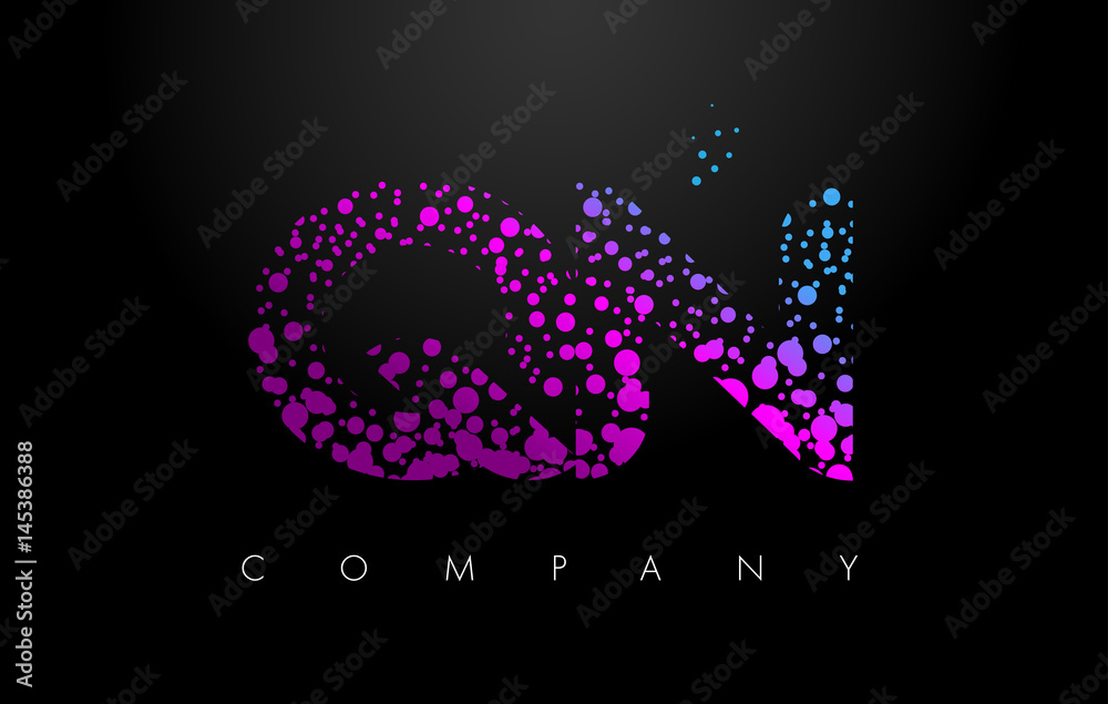 QN Q N Letter Logo with Purple Particles and Bubble Dots
