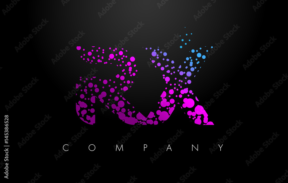 RX R X Letter Logo with Purple Particles and Bubble Dots