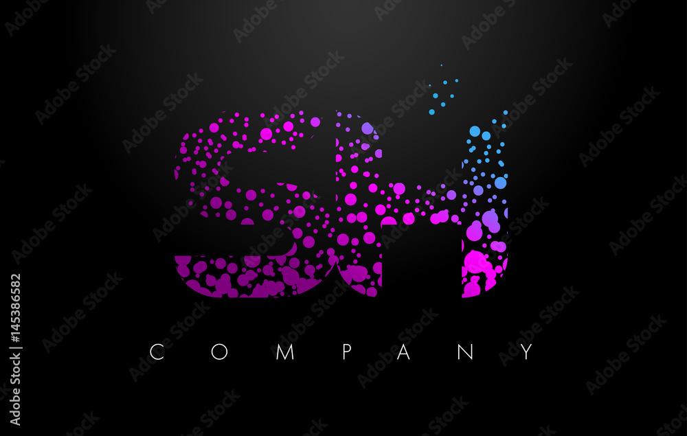 SH S H Letter Logo with Purple Particles and Bubble Dots