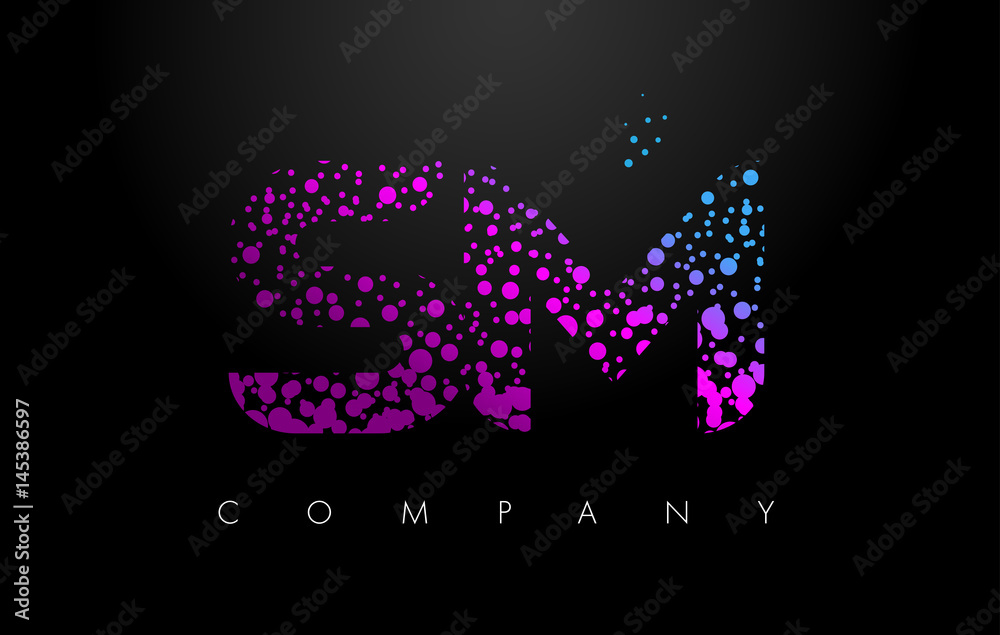 SM S M Letter Logo with Purple Particles and Bubble Dots
