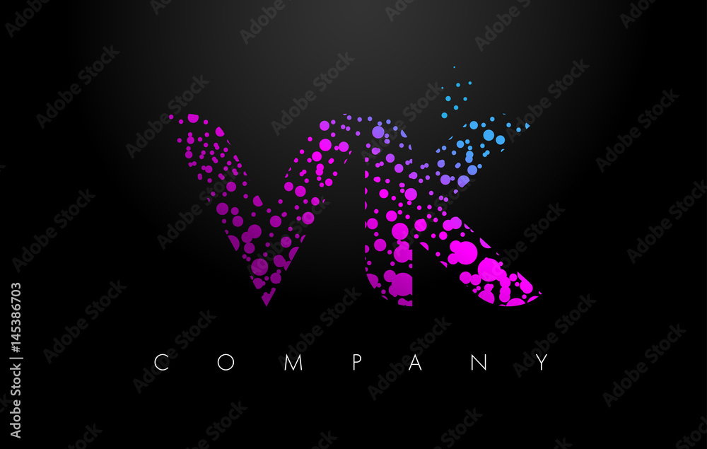 VK V K Letter Logo with Purple Particles and Bubble Dots