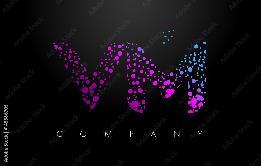 VM V M Letter Logo with Purple Particles and Bubble Dots