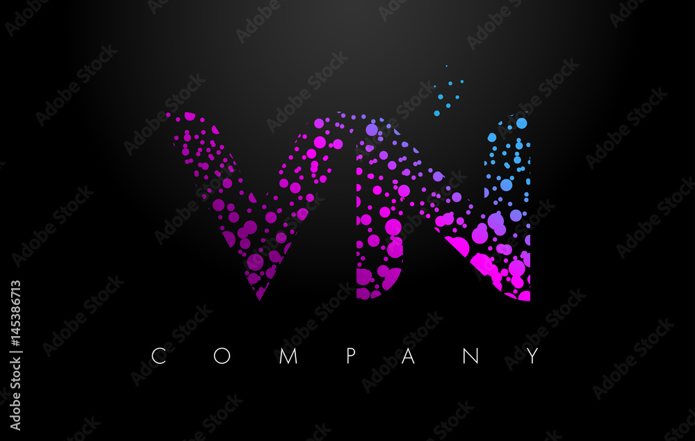 VN V N Letter Logo with Purple Particles and Bubble Dots