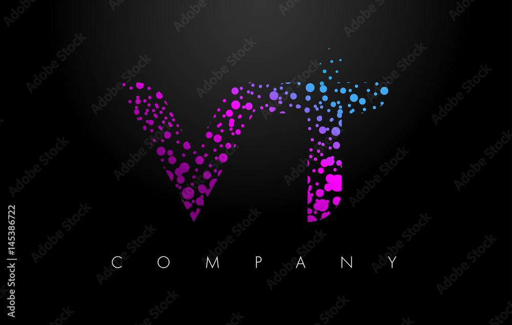 VT V T Letter Logo with Purple Particles and Bubble Dots