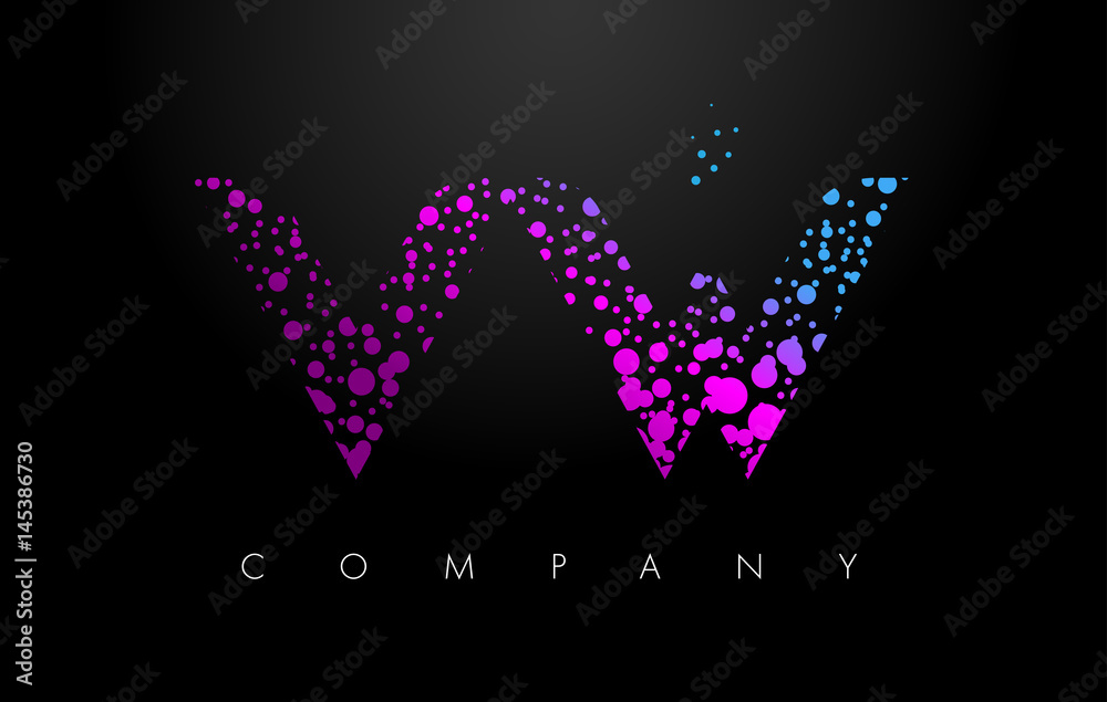 V W Letter Logo with Purple Particles and Bubble Dots