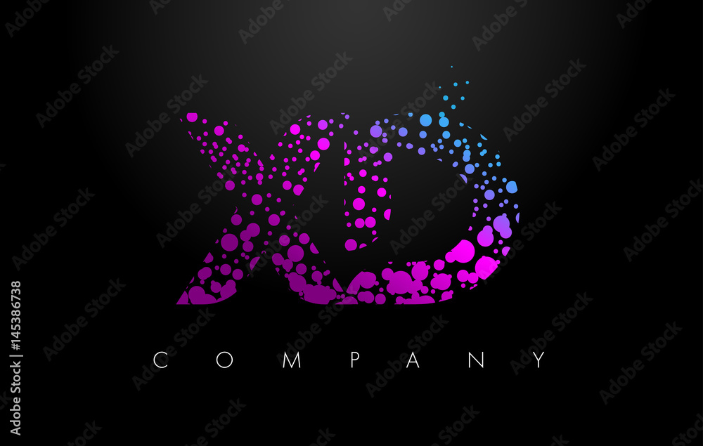 XD X D Letter Logo with Purple Particles and Bubble Dots