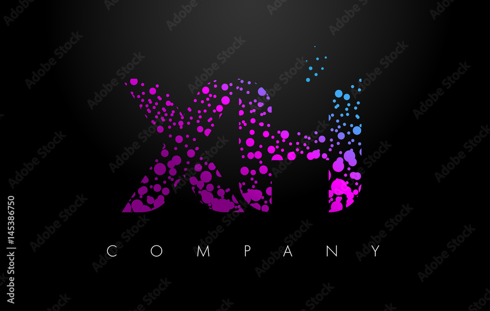 XH X H Letter Logo with Purple Particles and Bubble Dots