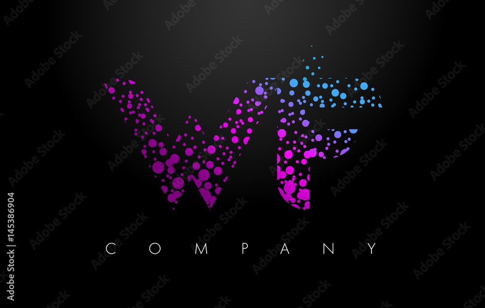 WF W F Letter Logo with Purple Particles and Bubble Dots